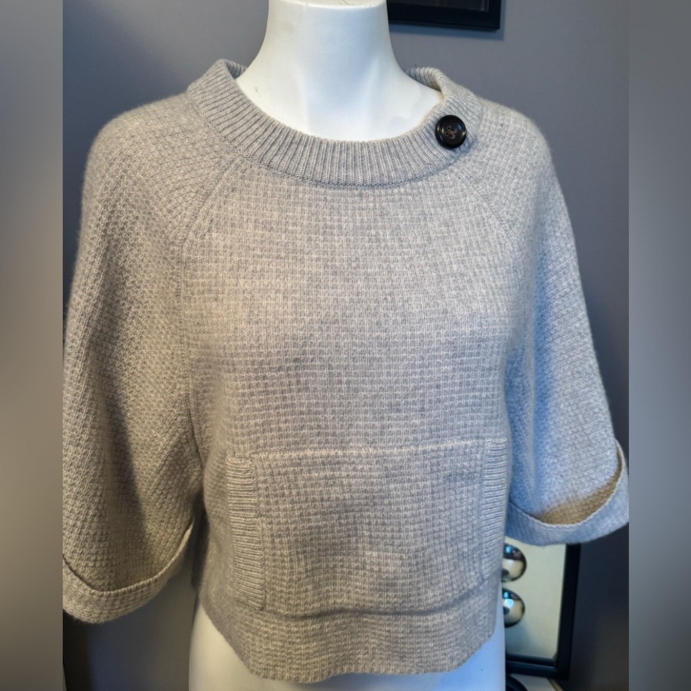 Cashmere Elegant Grey Cowl Neck Sweater with Button Accent